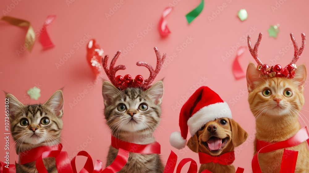A close-up of three cats wearing reindeer antler crowns, Santa hats and red ribbons, decorated with red ribbons or garlands. A close-up of three cats wearing reindeer antler crowns, Santa hats and red ribbons, decorated with red ribbons or garlands.