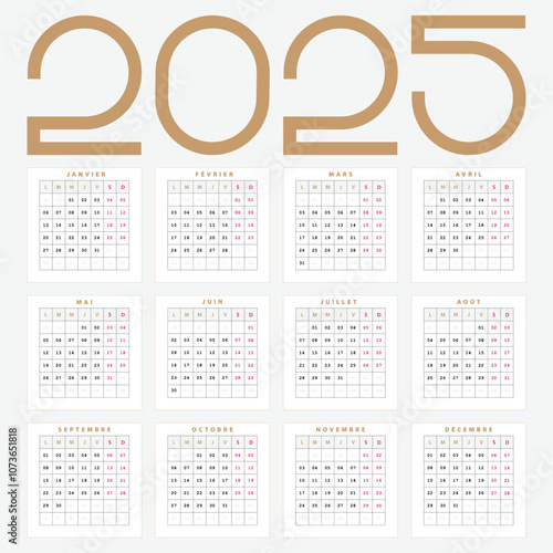 Calendrier Français 2025, Design Vectoriel Créatif