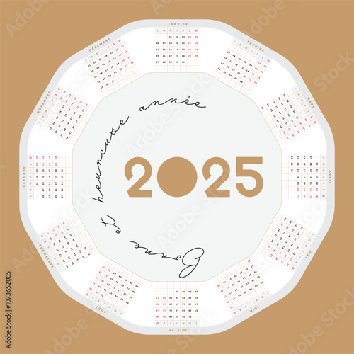 Calendrier Français 2025, Design Vectoriel Créatif forme circulaire