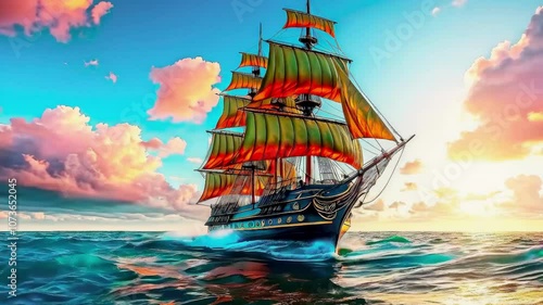 Beautiful old sailboat in sunset rays on the sea, old sailing brigantine.