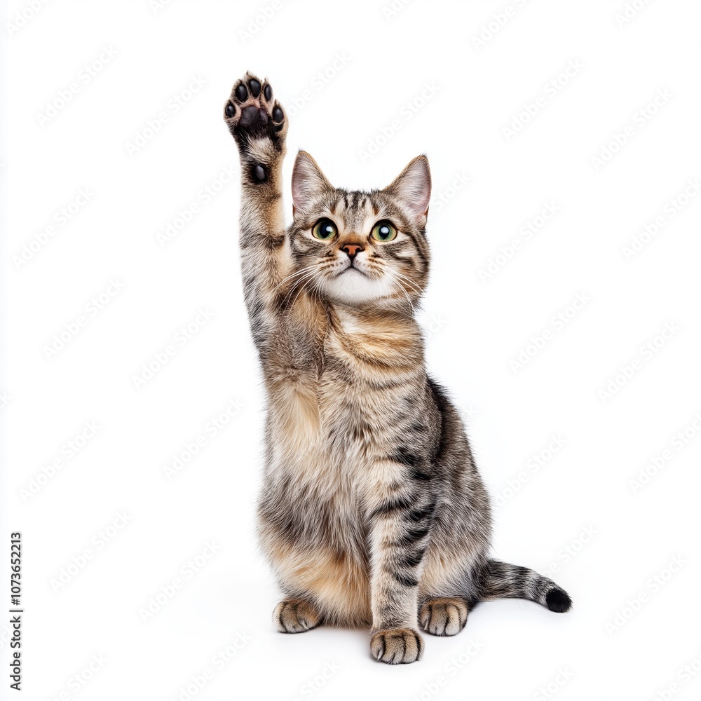 Obraz premium Adorable tabby cat sitting with one paw raised