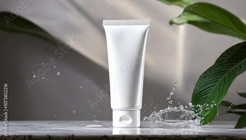 3d mock up white plastic face wash tube with blank label on a marble floor with splash water, green leaves foliage decorated at background. cosmetic product advertisement