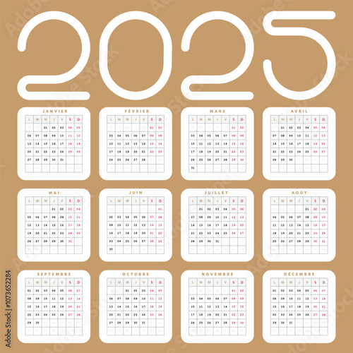 Calendrier Français 2025, Design Vectoriel Créatif