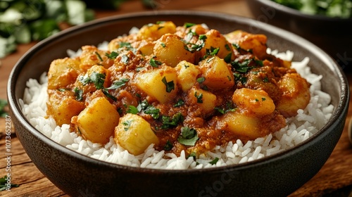 Close-up of Rice Paired with Aloo Gobi, a Traditional Indian Curry Featuring Potatoes and Cauliflower, for Food Blogging or Restaurant Menu Generative AI