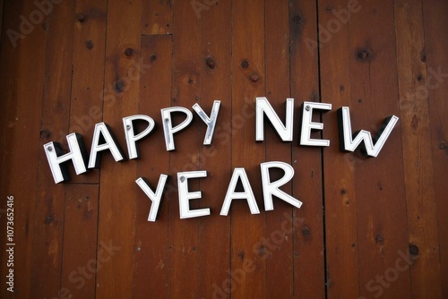 Celebrate the New Year with Style: Wooden Background Happy New Year Greeting Card Design for Festive Season Wishes photo