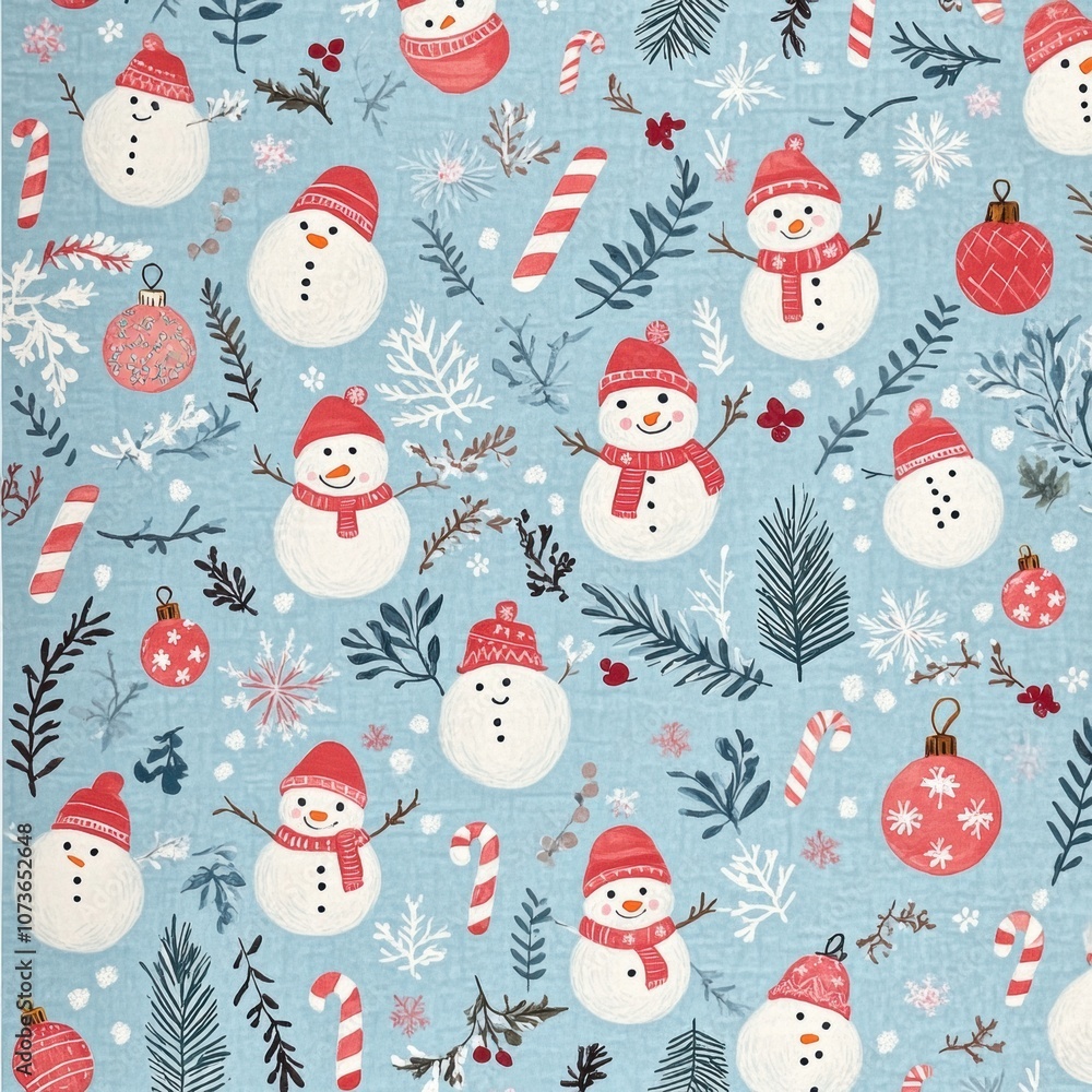 Charming winter pattern featuring playful snowmen, candy canes, and festive ornaments on a serene blue background, perfect for holiday crafts and seasonal designs. Charming winter pattern featuring playful snowmen, candy canes, and festive ornaments on a serene blue background, perfect for holiday crafts and seasonal designs.