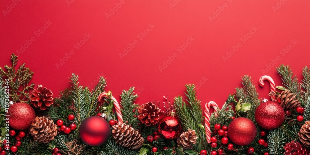 Festive holiday decorations featuring red ornaments, pinecones, and candy canes against a vibrant red backdrop, perfect for Christmas-themed projects and marketing. Festive holiday decorations featuring red ornaments, pinecones, and candy canes against a vibrant red backdrop, perfect for Christmas-themed projects and marketing.