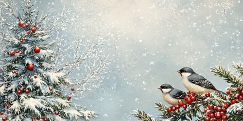 A serene winter scene featuring a snow-covered tree and two birds amidst gently falling snowflakes, ideal for seasonal designs and holiday-themed projects.