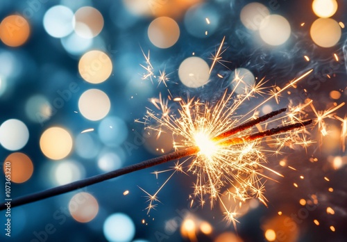 Sparkler Burning With Bright Sparks & Bokeh Lights photo