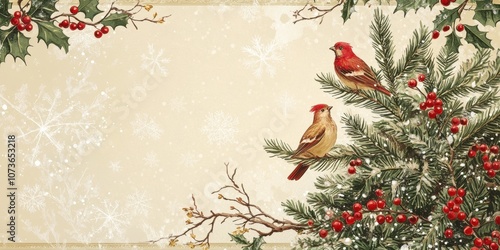 Festive winter scene featuring birds perched on a pine branch, surrounded by holly and berries, perfect for holiday cards and seasonal decorations.