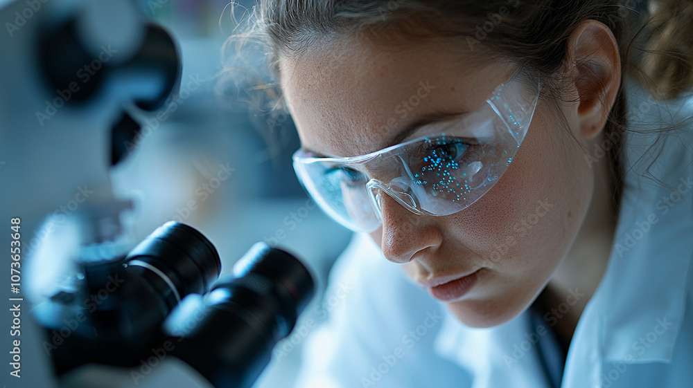 A scientist in a white coat examining a test tube under a microscope. A scientist in a white coat examining a test tube under a microscope.