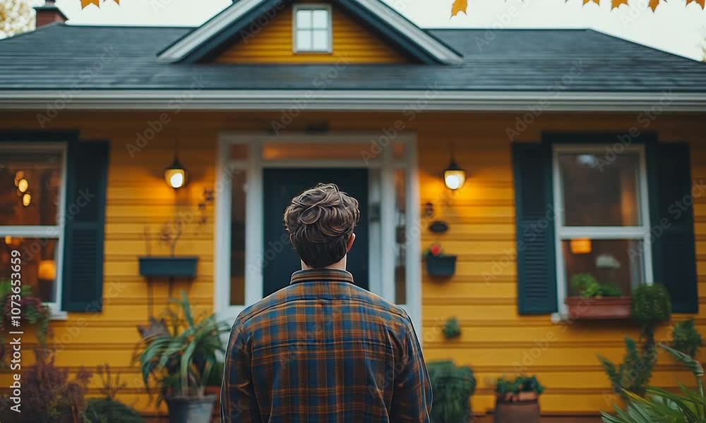 A person stands in front of a vibrant yellow house, surrounded by plants. A person stands in front of a vibrant yellow house, surrounded by plants.