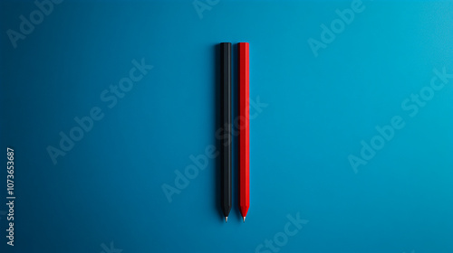 Two pens, one red, one black, standing vertically on a blue background.