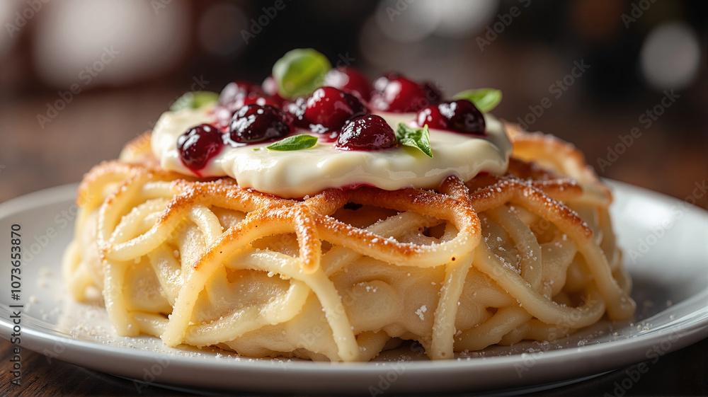 Spaghetti nest with cream and cranberries on white plate