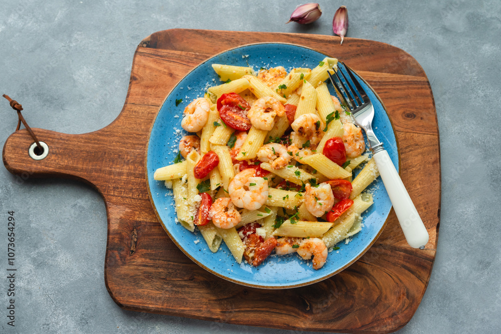 Penne pasta with shrimps and cherry tomatoes in butter and garlic sauce