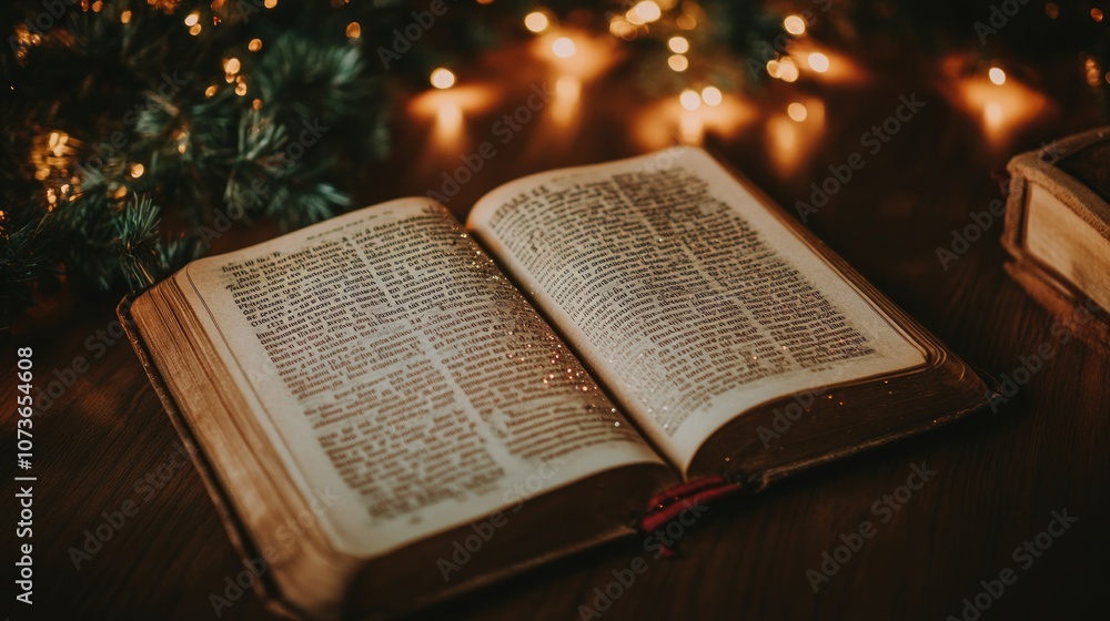 Fototapeta premium Open Bible With Christmas Lights