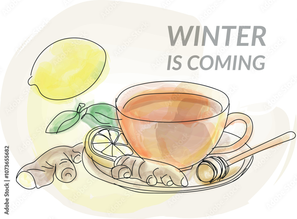 Winter is coming, The tea with lemon and ginger - vector illustration