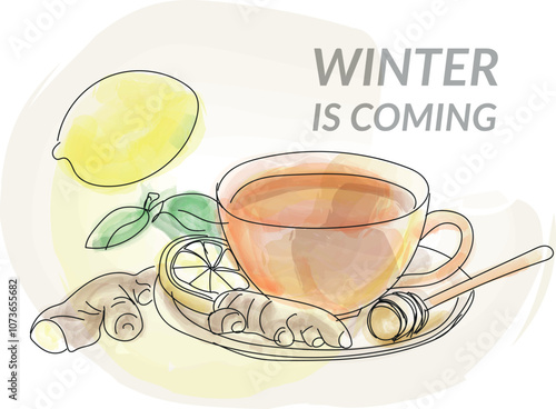 Obraz na płótnie Winter is coming, The tea with lemon and ginger - vector illustration w salonie