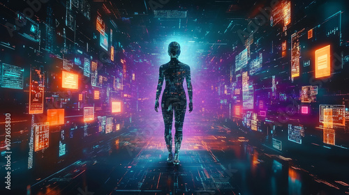 A person standing in a cyberpunk-style space with his back