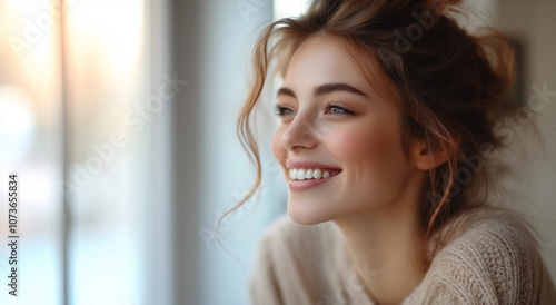Free Download Portrait of a Smiling Beautiful Woman in Side View, Showcasing Elegance and Charm. A Timeless Representation of Beauty and Happiness. - GFXLoad