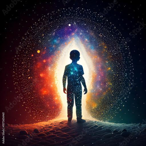 Whimsical Silhouette of a Child Emerging Through a Colorful, Ethereal Portal