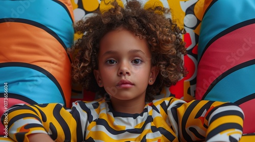 Wallpaper Mural Portrait of a Young Child with Curly Hair Against a Colorful and Patterned Background Featuring Bold Geometric Shapeschild Torontodigital.ca