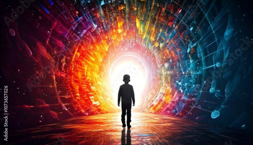 Whimsical Silhouette of a Child Emerging Through a Colorful, Ethereal Portal