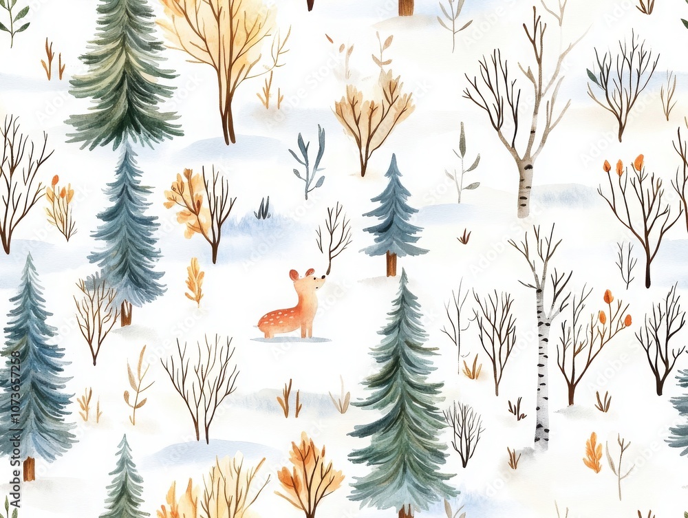 A serene winter landscape featuring trees and a deer, beautifully illustrating nature in a snowy setting with soft watercolor style. A serene winter landscape featuring trees and a deer, beautifully illustrating nature in a snowy setting with soft watercolor style.