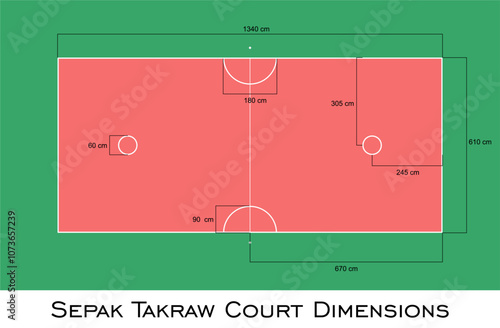 Sepak Takraw court dimensions in meter  size top view line vector blueprint technical drawing illustration isolated on transparent background  photo