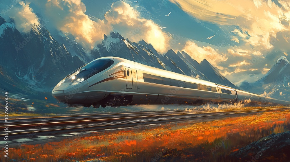 A high-speed train travels through a stunning mountain landscape. A high-speed train travels through a stunning mountain landscape.