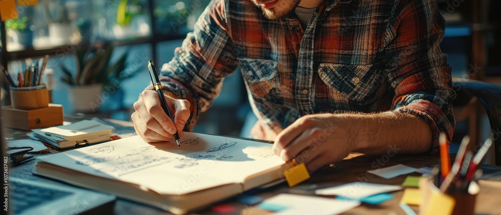 Entrepreneur captures ideas by sketching in notebook with sticky notes for inspiration Entrepreneur captures ideas by sketching in notebook with sticky notes for inspiration
