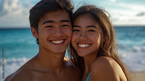 A young man and woman are smiling at the camera on a beach