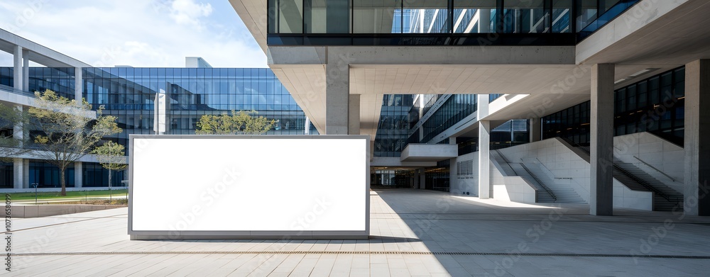 Fototapeta premium Blank billboard mockup in front of a modern office building. Perfect for advertising.