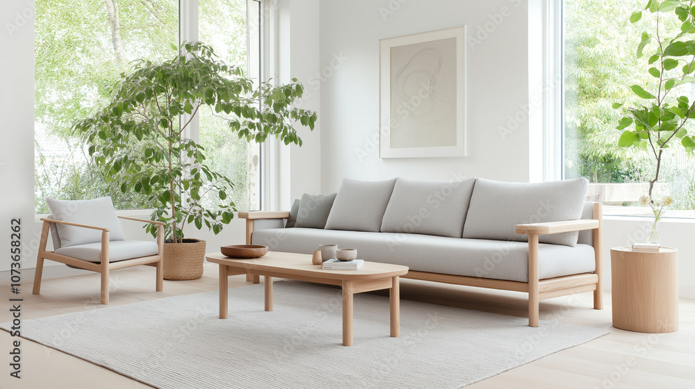 A bright, minimalist living room with natural wood furniture, light fabrics, and lush greenery, creating a serene and modern atmosphere. A bright, minimalist living room with natural wood furniture, light fabrics, and lush greenery, creating a serene and modern atmosphere.