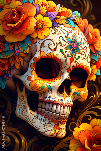 skull and flowers