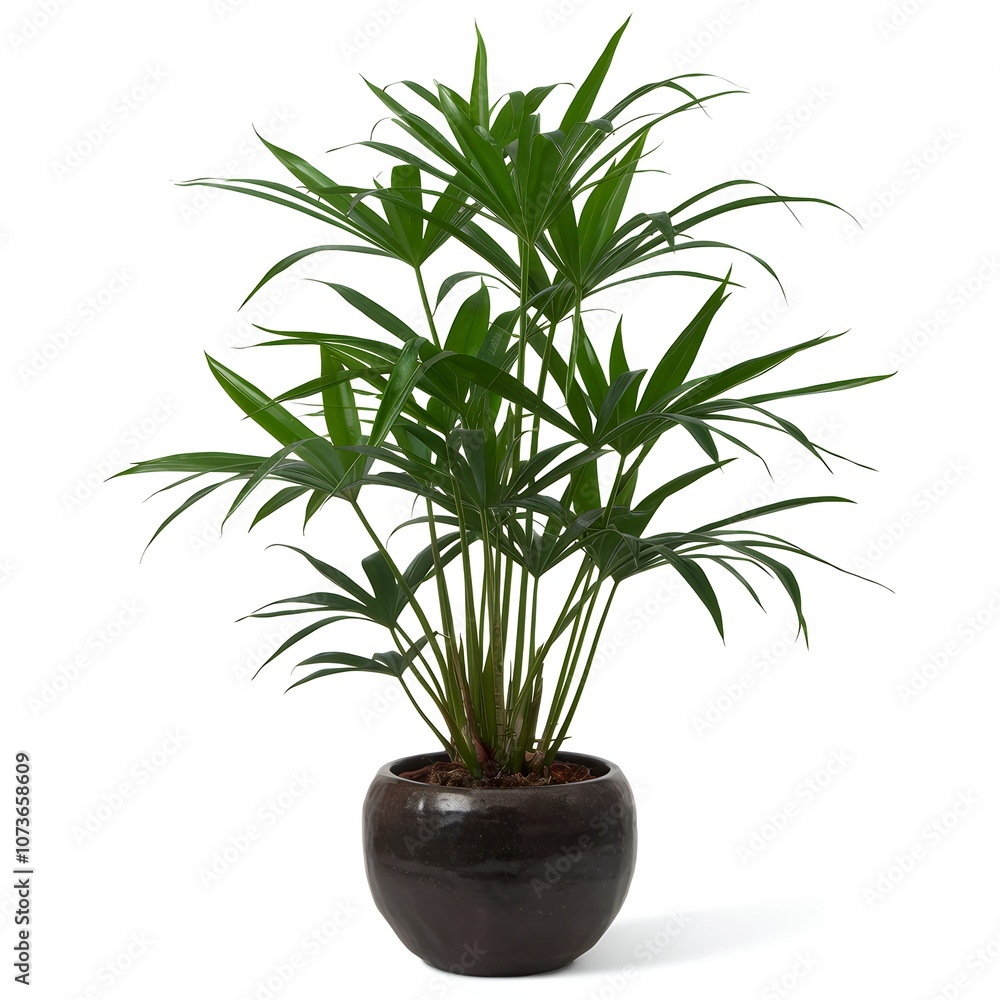 A lush green potted plant with long, thin leaves. A lush green potted plant with long, thin leaves.