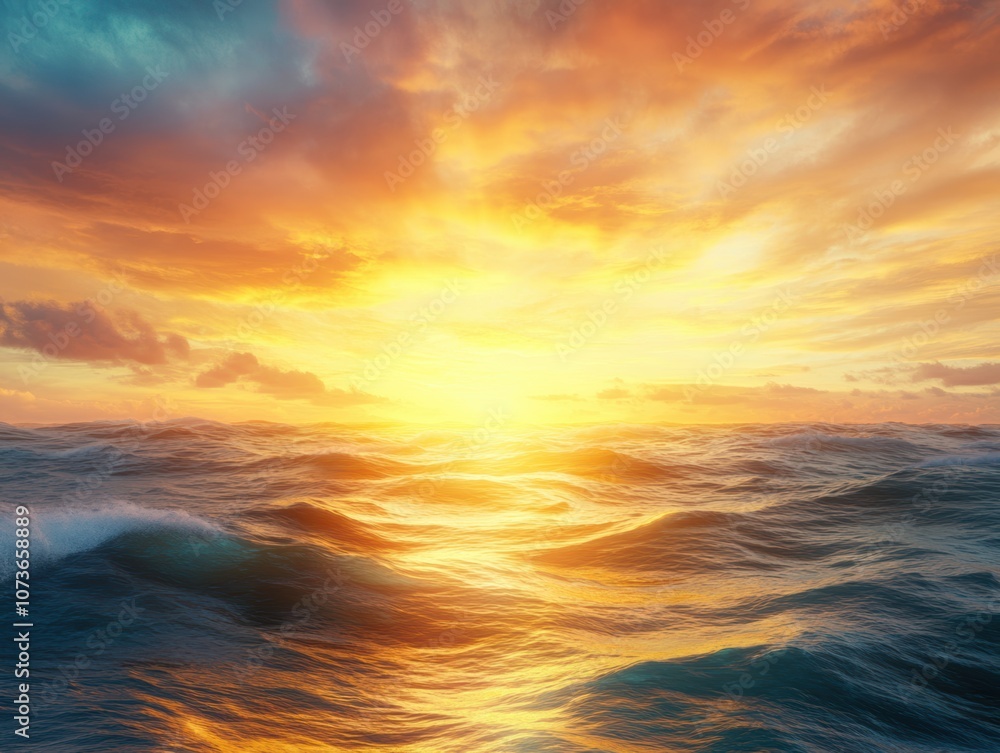 Fototapeta premium A vibrant sunset over ocean waves, showcasing rich colors of orange and blue, Ideal for use in travel brochures, calming backgrounds, or beach-themed content,