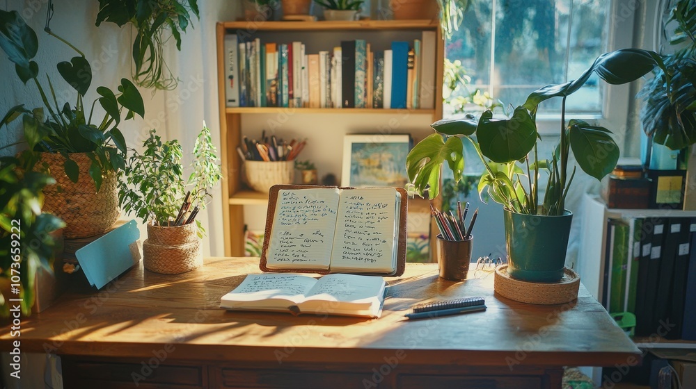 Create a bright and cozy home office environment with open notebook and plants for inspiration
