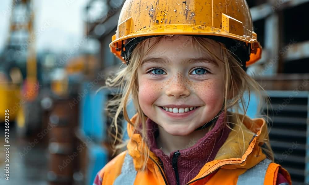 A smiling child in a yellow helmet and raincoat at a worksite. A smiling child in a yellow helmet and raincoat at a worksite.