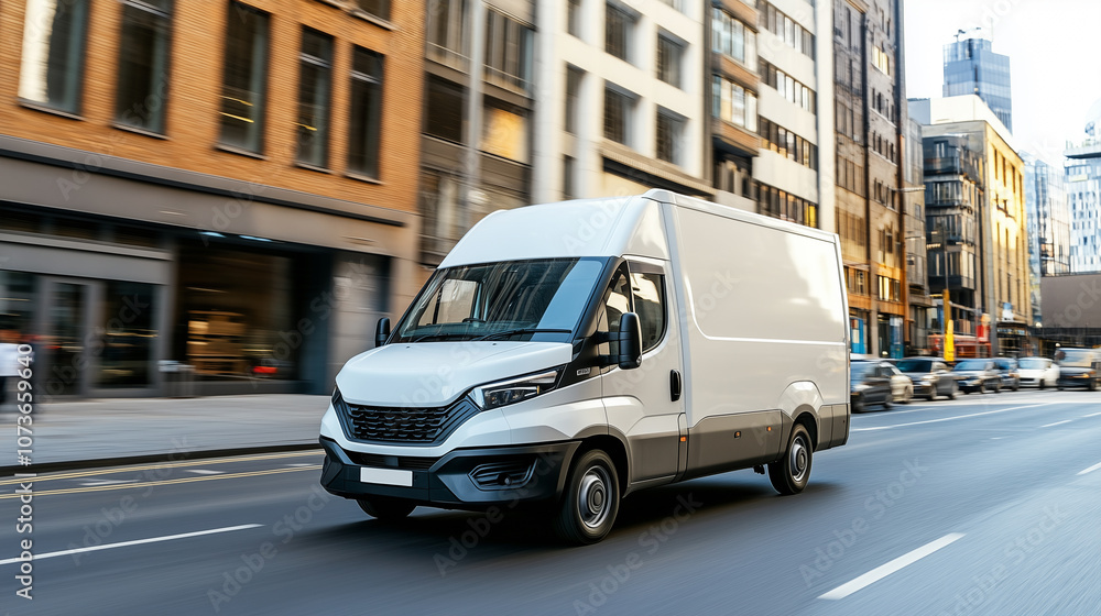 Commercial Delivery Van in Action on Busy City Street Commercial Delivery Van in Action on Busy City Street