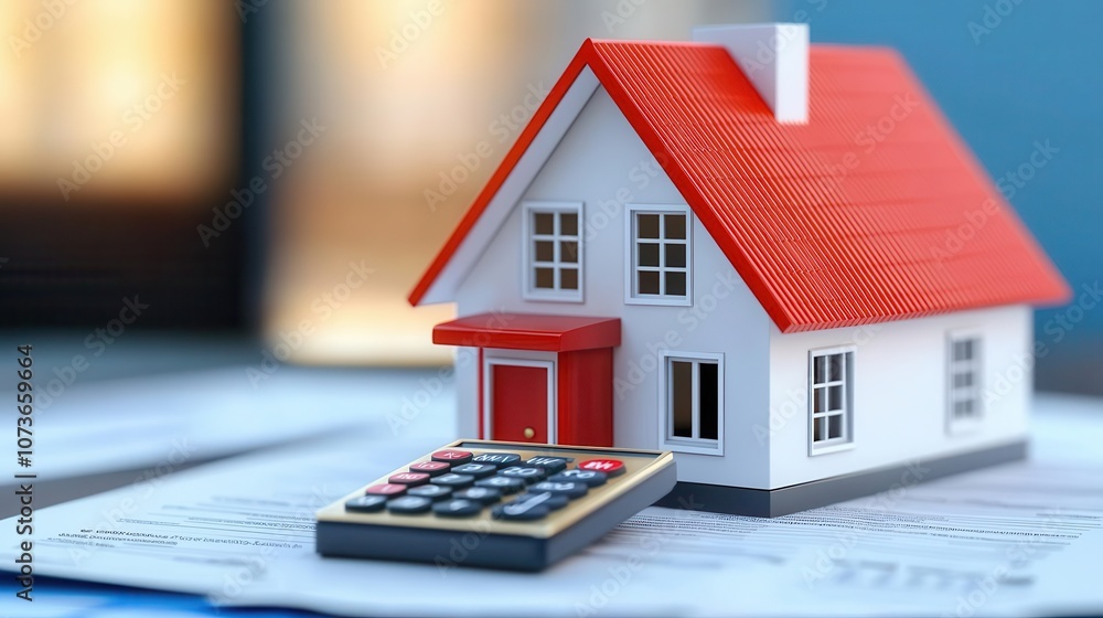 Home loan agreement, house purchase, paperwork with financial calculator, 3D illustration