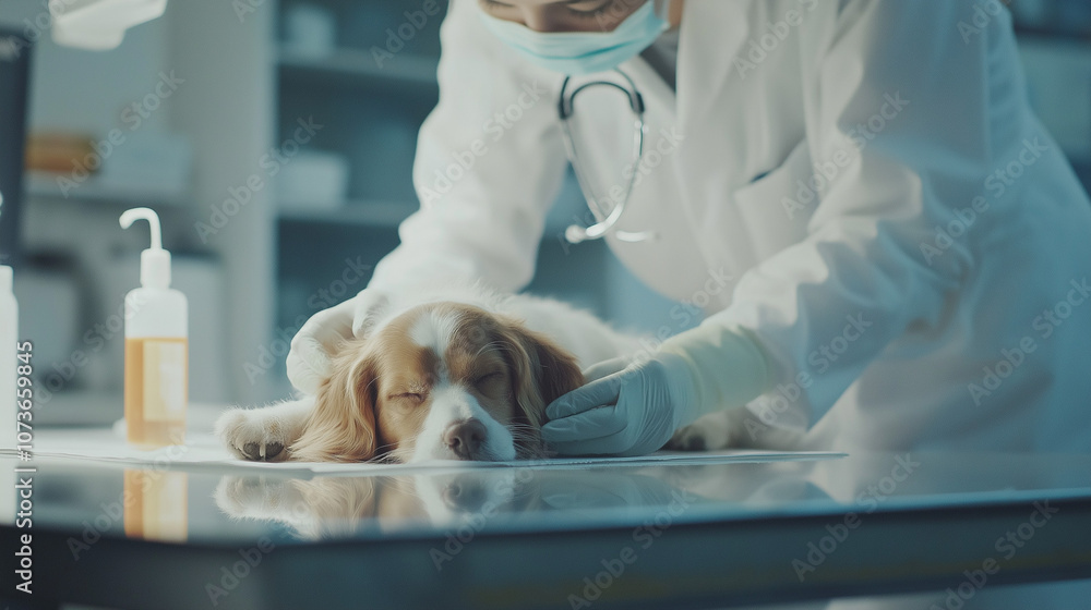 Vet examines a sick dog lying on table in clean, bright clinic. Vet examines a sick dog lying on table in clean, bright clinic.