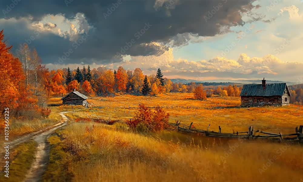 Serene autumn landscape with vibrant foliage and rustic cabins. Serene autumn landscape with vibrant foliage and rustic cabins.