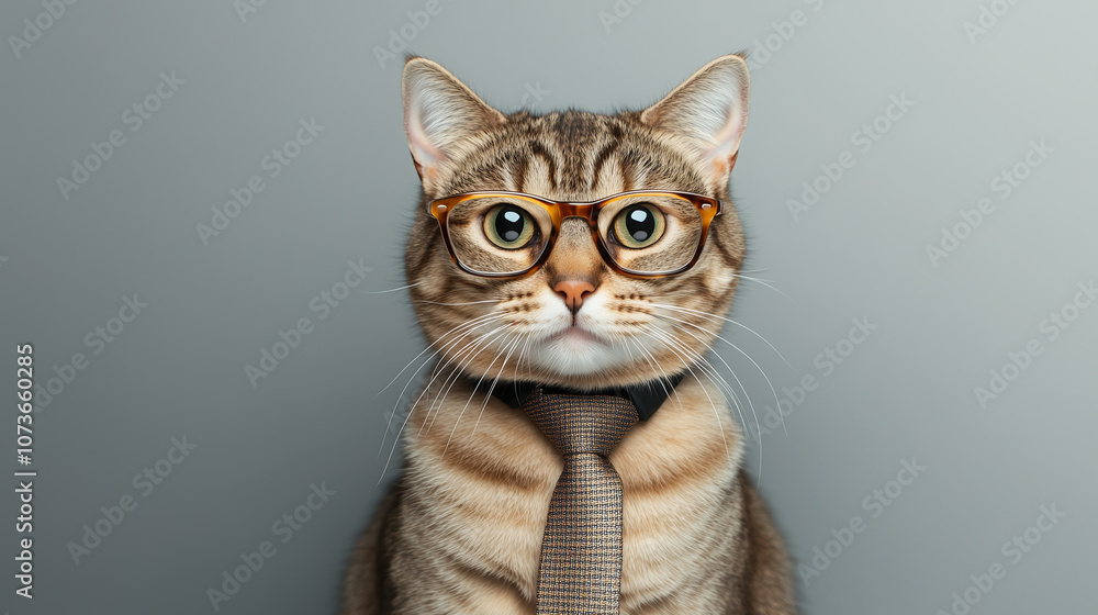 Obraz premium Fashionable Cat in Tie and Glasses, Posing with Style