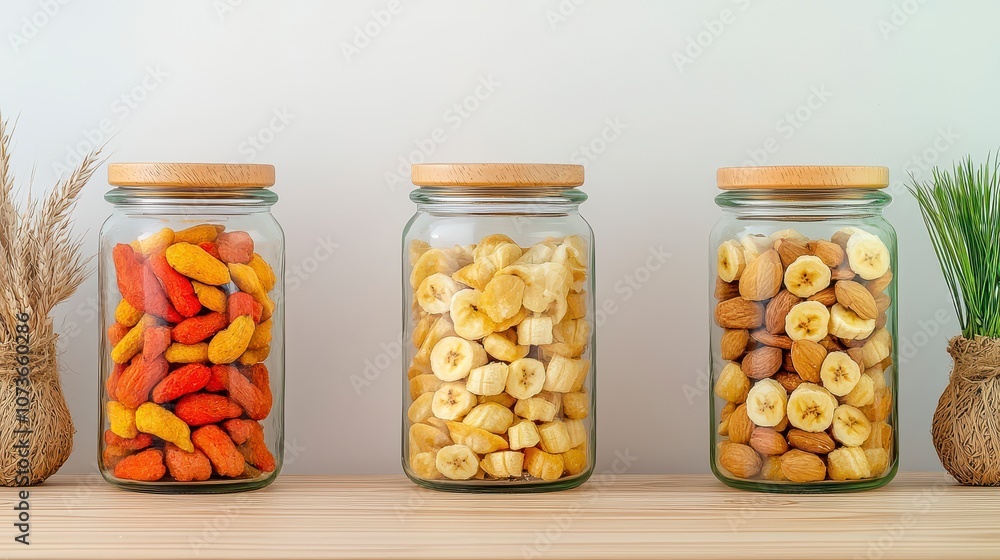 Varied Healthy Snacks in Glass Jars on Wooden Shelf with Natural Decor and Pastel Background for Creative Culinary and Lifestyle Projects Varied Healthy Snacks in Glass Jars on Wooden Shelf with Natural Decor and Pastel Background for Creative Culinary and Lifestyle Projects