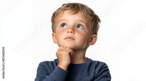 A curious preschool boy poses thoughtfully against a clean white background, his eyes wide with wonder and innocence.