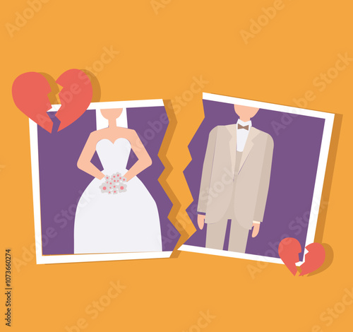 Divorcement. Man and woman hands tear apart wedding photo. Break up of relationship.