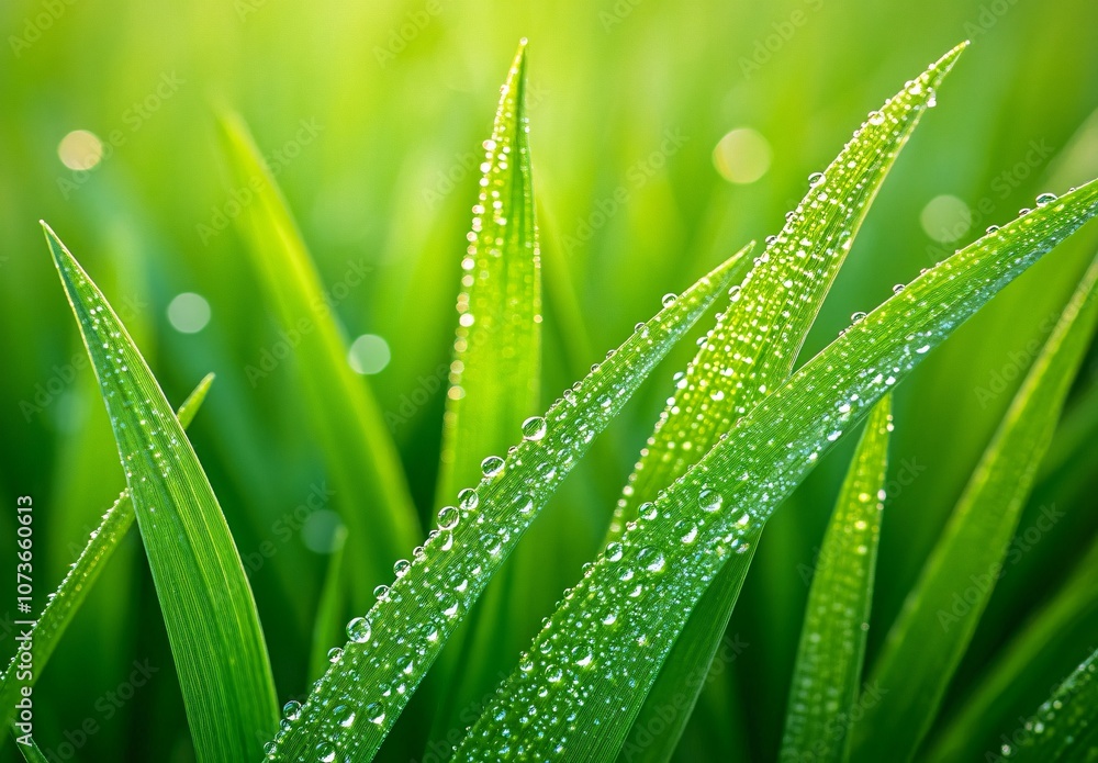 Naklejka premium Dew Drops on Grass Blades Macro Photography