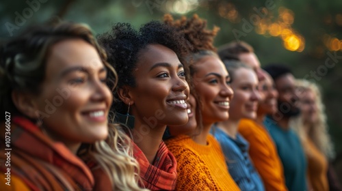 Group of diverse young adults joyfully smiling together outdoors in vibrant autumn colors under a setting sun with a nature backdrop