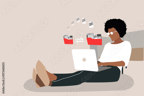 African American business woman using laptop with file transfer. FTP(File Transfer Protocol) files receiver and backup copy. File sharing isometric and Exchange information